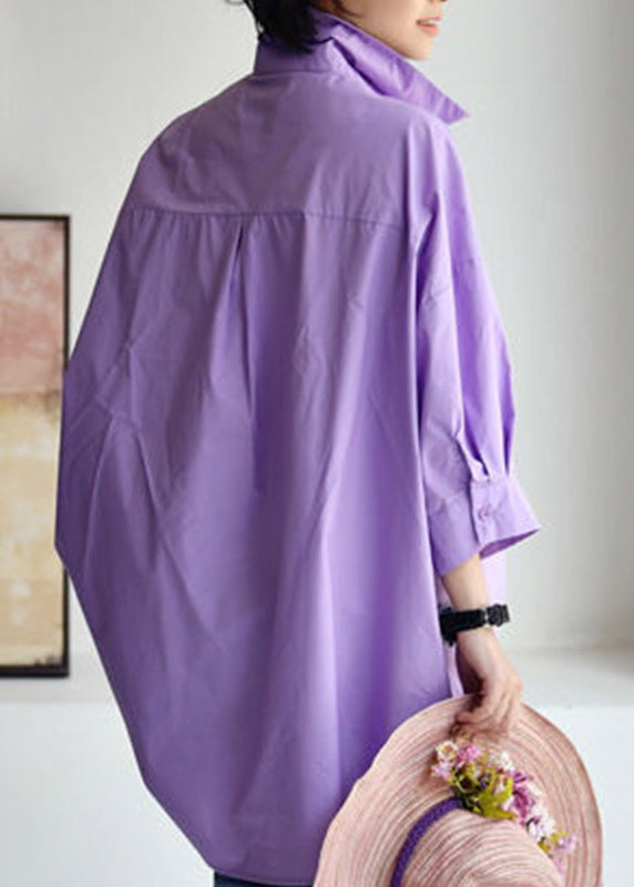 Purple text Peter Pan Collar Low High Design Cotton Shirt Long Sleeve