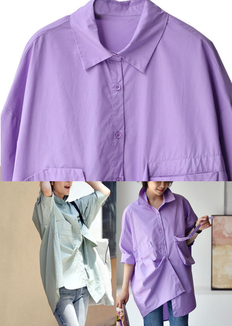 Purple Peter Pan Collar Low High Design Cotton Shirt Long Sleeve