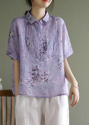 Purple Peter Pan Collar Wrinkled Button Linen Shirts Short Sleeve