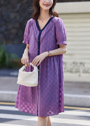 Purple Plaid Cotton Vacation Dresses V Neck Summer