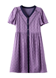 Purple Plaid Cotton Vacation Dresses V Neck Summer