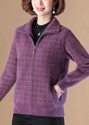 Purple Plaid Mink Hair Knitted Coats Zip Up Pockets Thick Long Sleeve