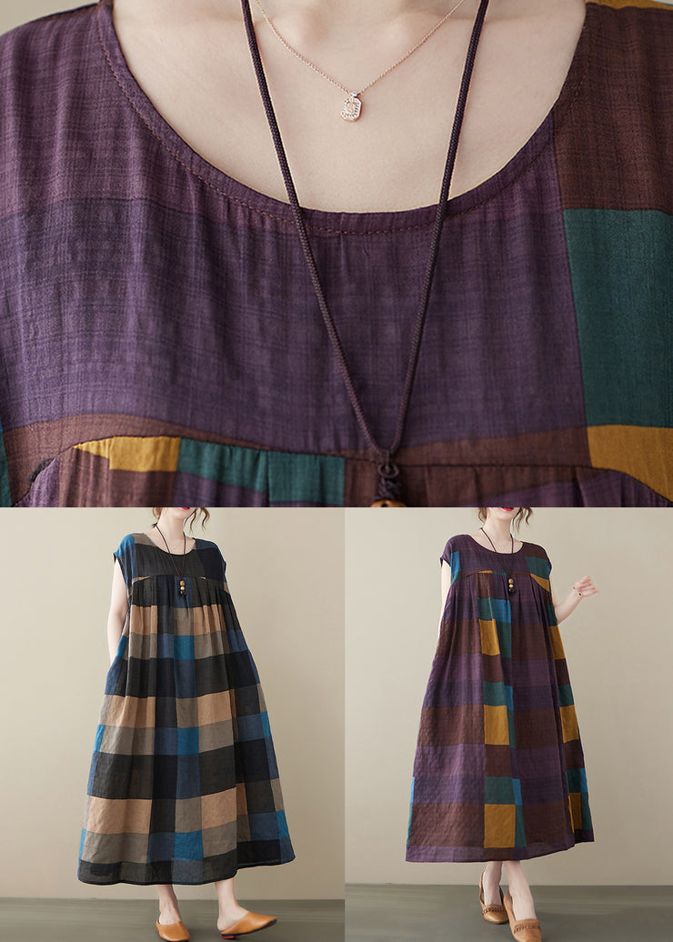 Purple Plaid Pockets Cotton Long Dress O Neck Summer