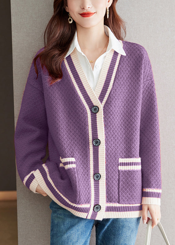 Purple Pockets Cozy Patchwork Knit Fall Cardigan V Neck