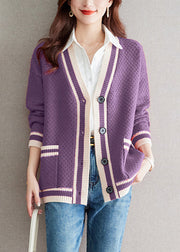 Purple Pockets Cozy Patchwork Knit Fall Cardigan V Neck