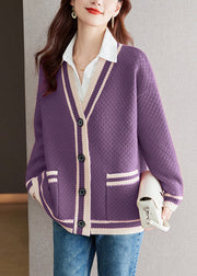 Purple Pockets Cozy Patchwork Knit Fall Cardigan V Neck