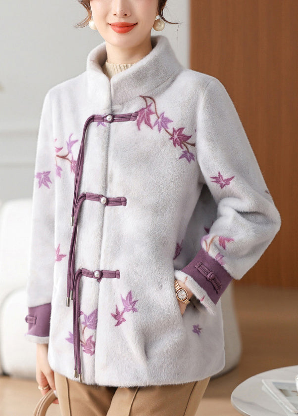 Purple Pockets Mink Velvet Winter Coats Stand Collar