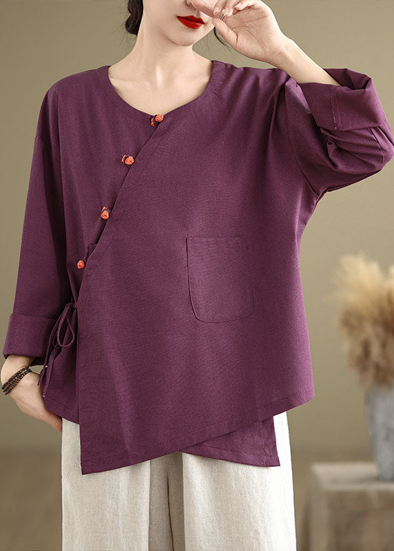 Purple Pockets Patchwork Cotton Blouses O Neck Lace Up Spring