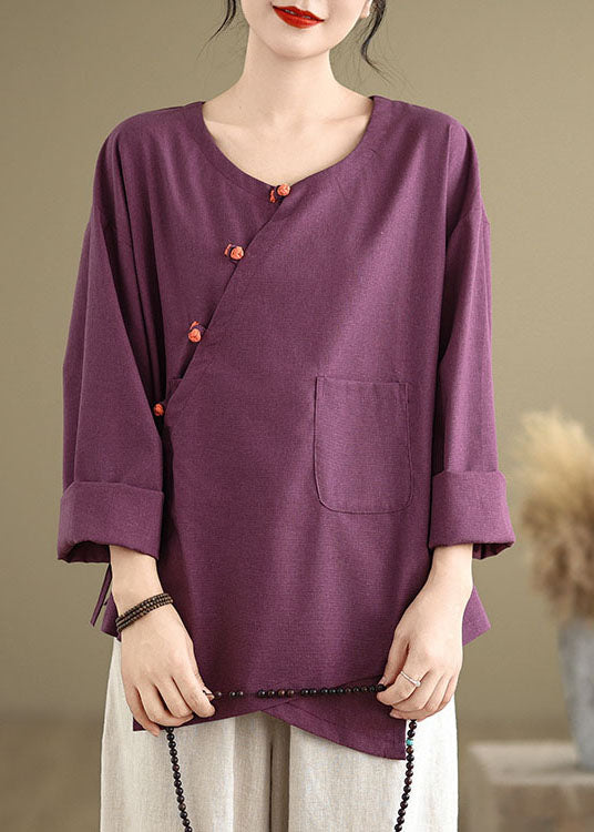 Purple Pockets Patchwork Cotton Blouses O Neck Lace Up Spring