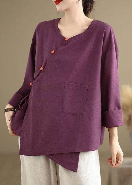 Purple Pockets Patchwork Cotton Blouses O Neck Lace Up Spring