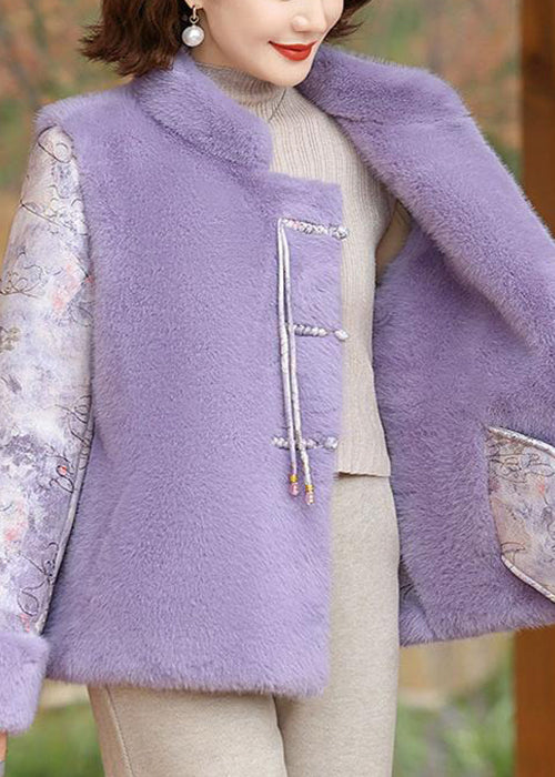 Purple Pockets Patchwork Mink Velvet Coat Stand Collar Winter