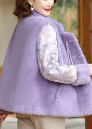 Purple Pockets Patchwork Mink Velvet Coat Stand Collar Winter