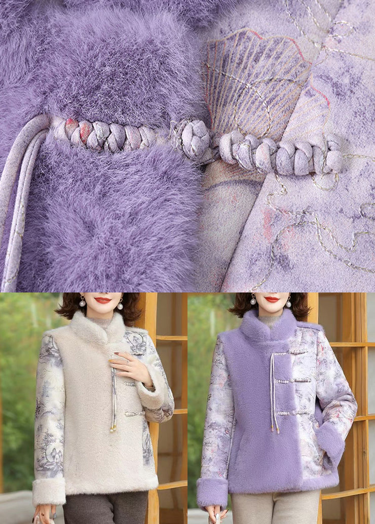 Purple Pockets Patchwork Mink Velvet Coat Stand Collar Winter