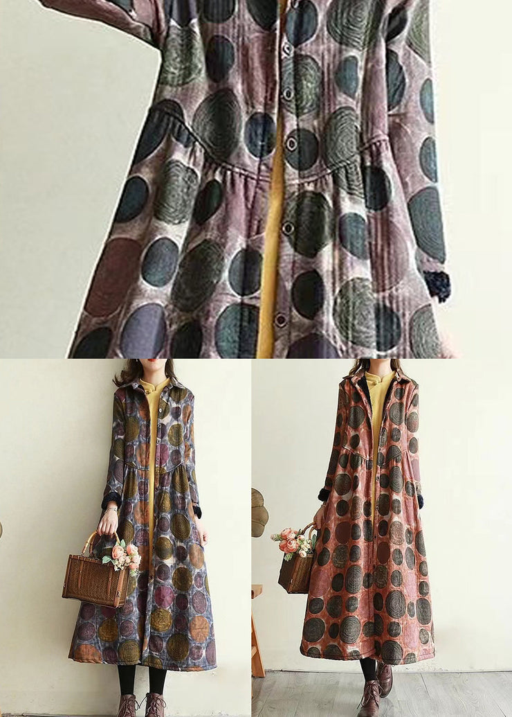 Purple Pockets Print Warm Fleece Coats Peter Pan Collar Winter