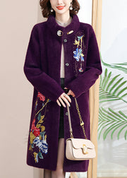 Purple Print Button Maxi Woolen Coats Spring