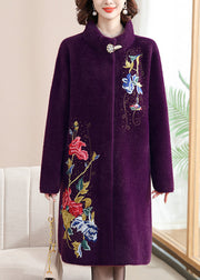 Purple Print Button Maxi Woolen Coats Spring