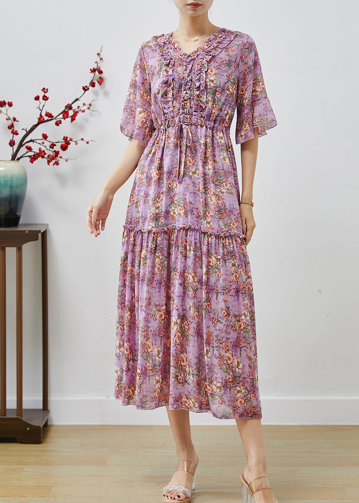 Purple Print Chiffon Beach Dress Cinched Ruffled Summer