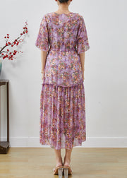 Purple Print Chiffon Beach Dress Cinched Ruffled Summer