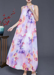 Purple Print Chiffon Beach Dresses Cold Shoulder Summer