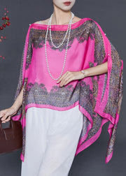 Purple Print Chiffon Blouse Top Asymmetrical Batwing Sleeve