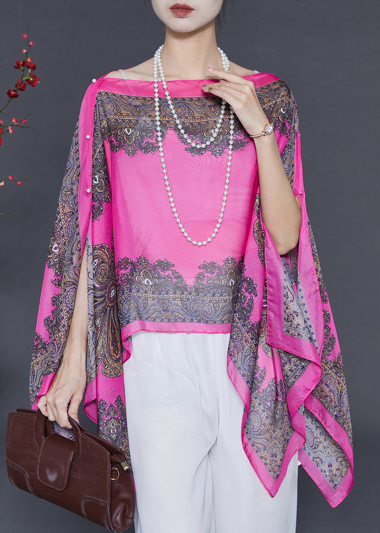 Purple Print Chiffon Blouse Top Asymmetrical Batwing Sleeve