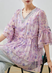 Purple Print Chiffon Shirt Tops Ruffled Flare Sleeve