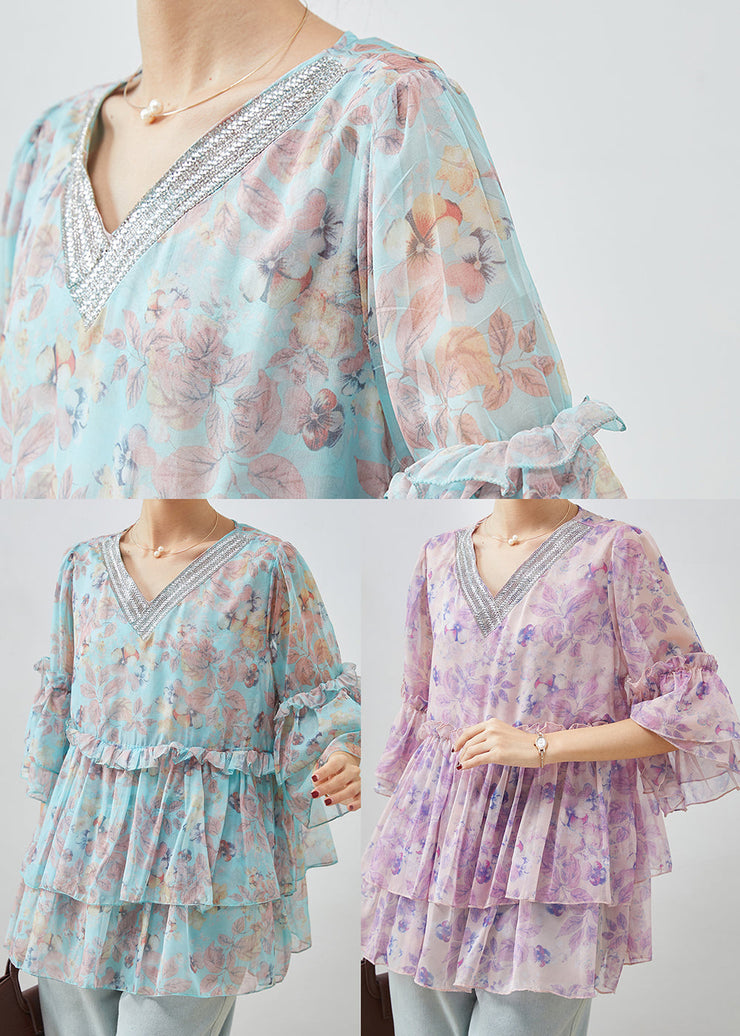 Purple Print Chiffon Shirt Tops Ruffled Flare Sleeve