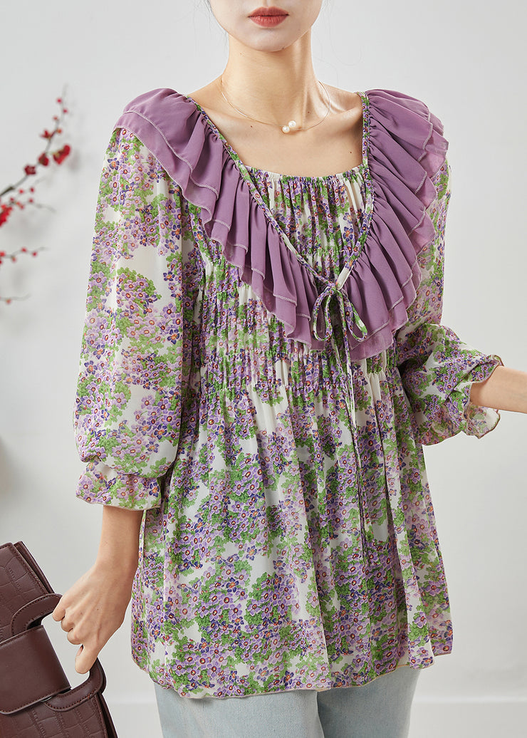 Purple Print Chiffon Shirts Ruffled Wrinkled Spring