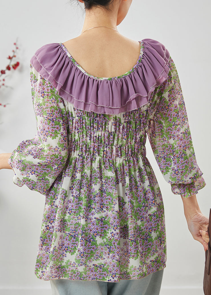 Purple Print Chiffon Shirts Ruffled Wrinkled Spring
