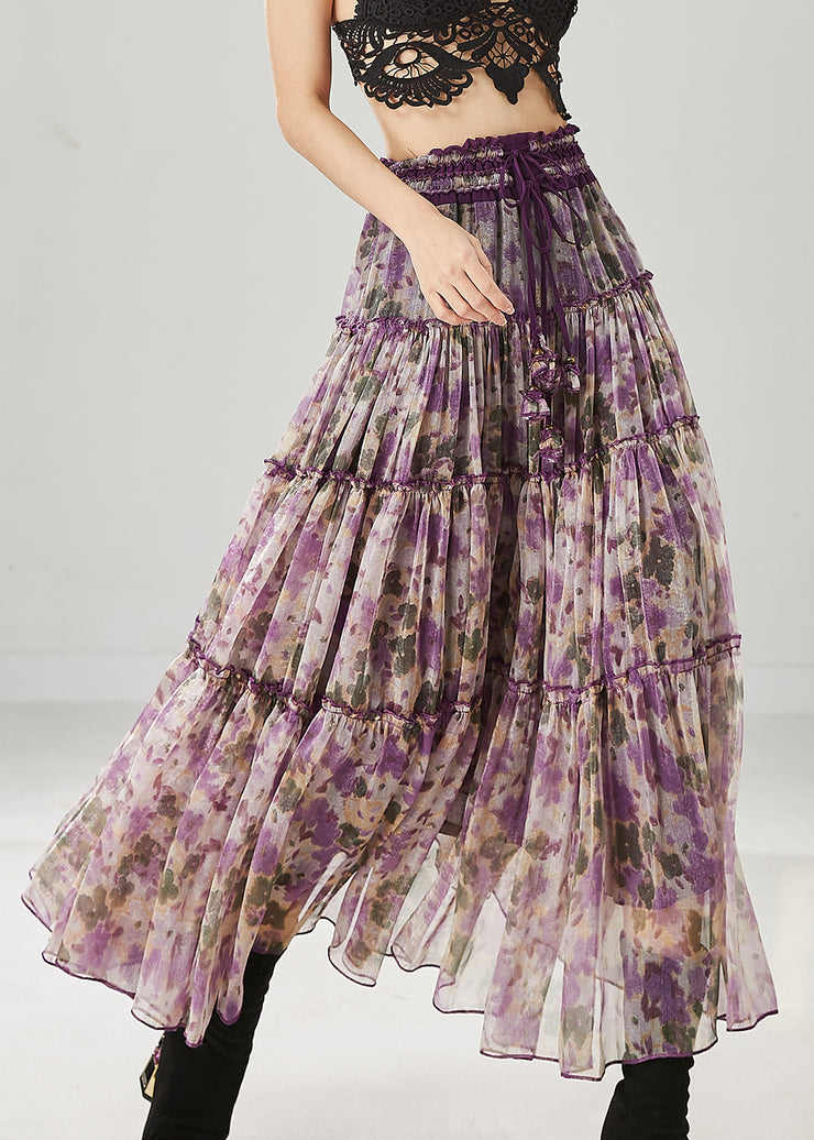 Purple Print Chiffon Skirts Elastic Waist Ruffled Spring
