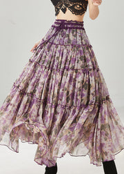 Purple Print Chiffon Skirts Elastic Waist Ruffled Spring