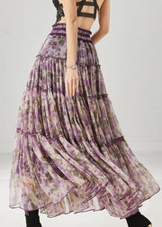 Purple Print Chiffon Skirts Elastic Waist Ruffled Spring