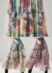 Purple Print Chiffon Skirts Elastic Waist Ruffled Spring