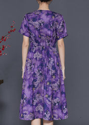 Purple Print Cotton Long Dresses Cinched Summer