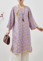 Purple Print Cotton Oriental Dresses Tasseled Spring