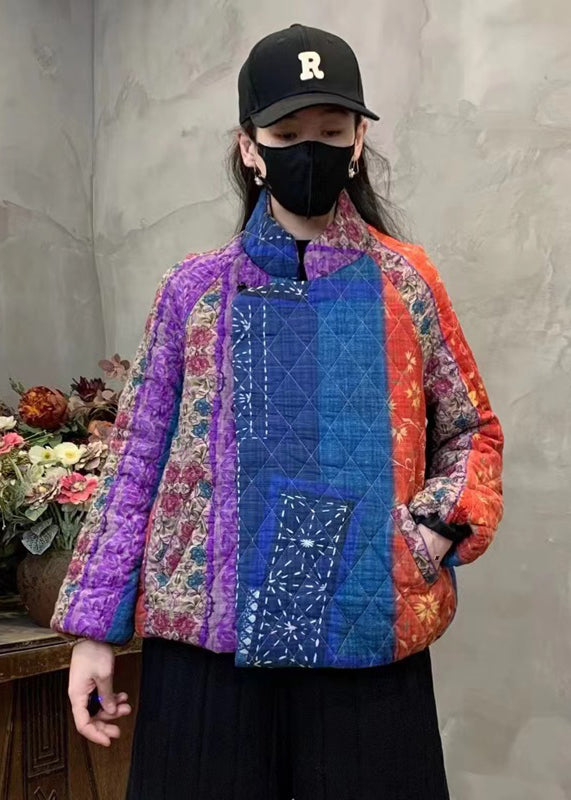 Purple Print Fine Cotton Filled Coats Mandarin Collar Winter