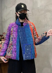 Purple Print Fine Cotton Filled Coats Mandarin Collar Winter