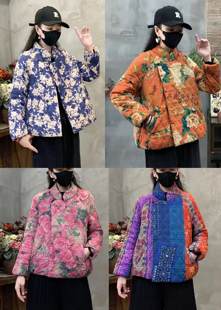 Purple Print Fine Cotton Filled Coats Mandarin Collar Winter