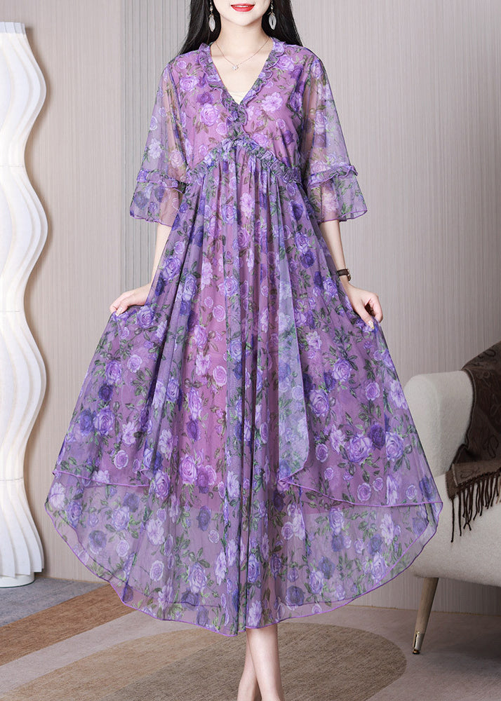 Purple Print Lace Up Chiffon Long Dresses V Neck Summer
