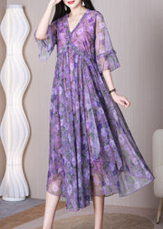 Purple Print Lace Up Chiffon Long Dresses V Neck Summer