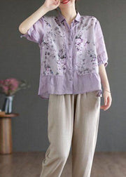 Purple Print Linen Blouse Top Peter Pan Collar Summer