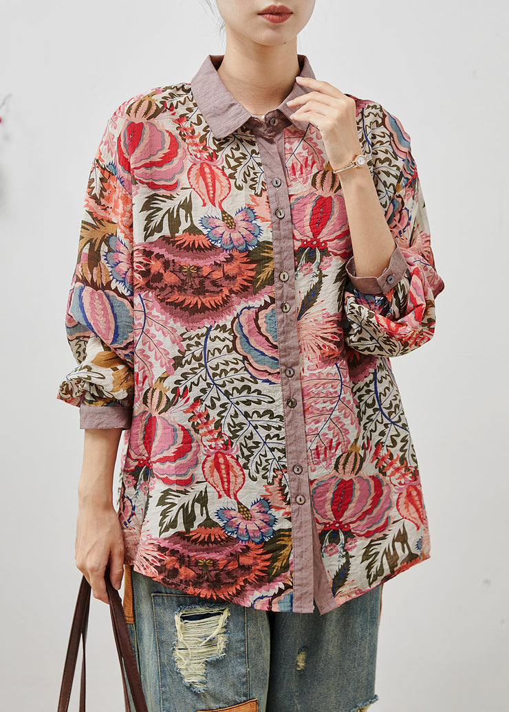 Purple Print Linen Shirt Tops Oversized Summer