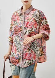 Purple Print Linen Shirt Tops Oversized Summer