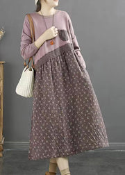 Purple Print Patchwork Cotton Casual Dresses O Neck Lace Fall