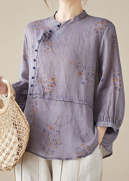 Purple Print Patchwork Linen Shirt Tops Stand Collar Button Summer