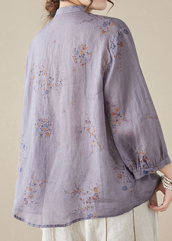 Purple Print Patchwork Linen Shirt Tops Stand Collar Button Summer