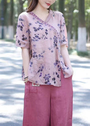 Purple Print Patchwork Loose Linen Tops V Neck Summer