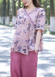 Purple Print Patchwork Loose Linen Tops V Neck Summer