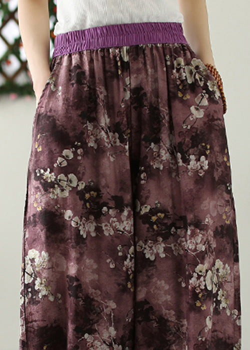 Purple Print Pockets Crop Beach Pants Summer