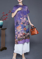 Purple Print Silk Long Dress Turn-down Collar Tassel Summer